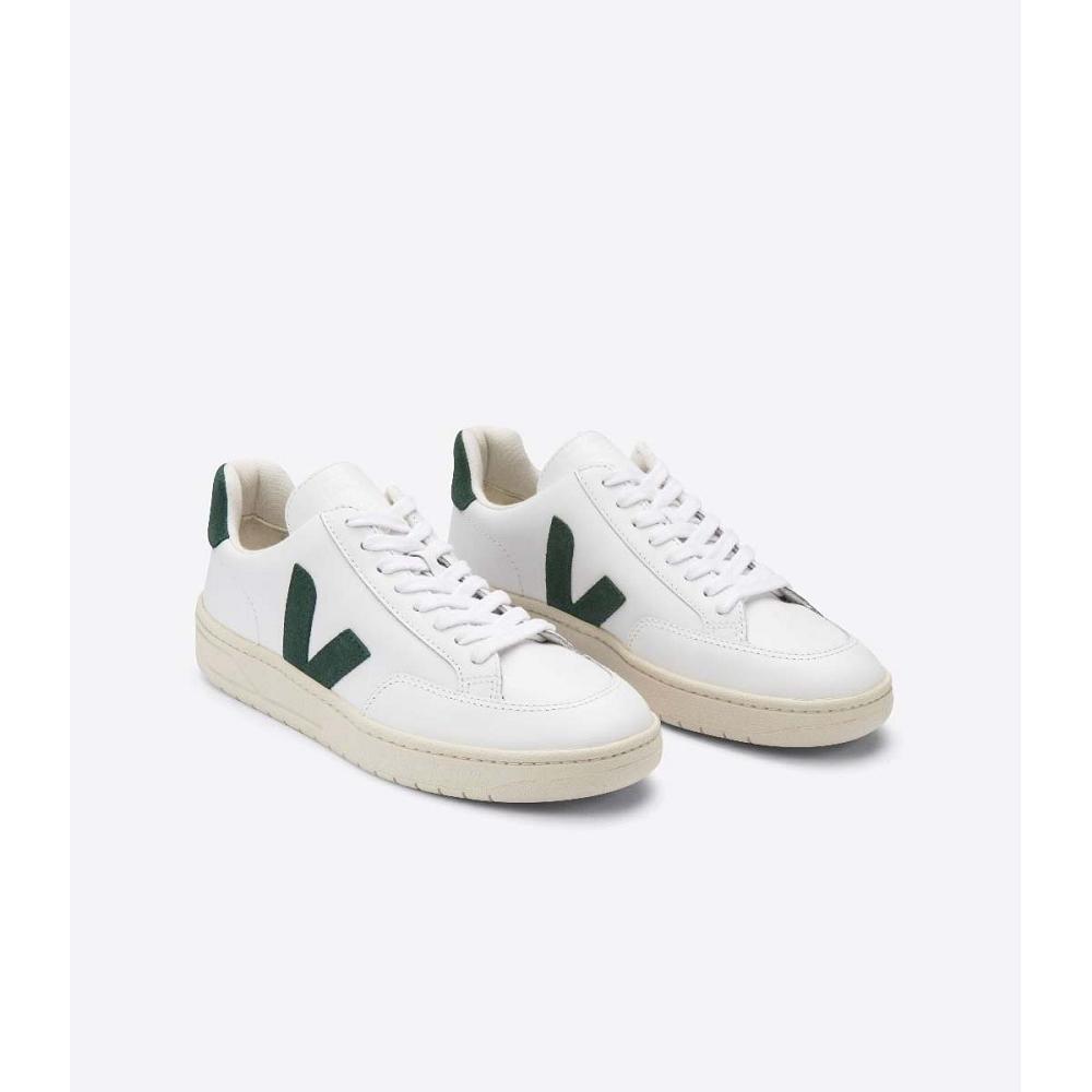 Women's Veja V-12 LEATHER Sneakers White/Green | ZA 671KOR